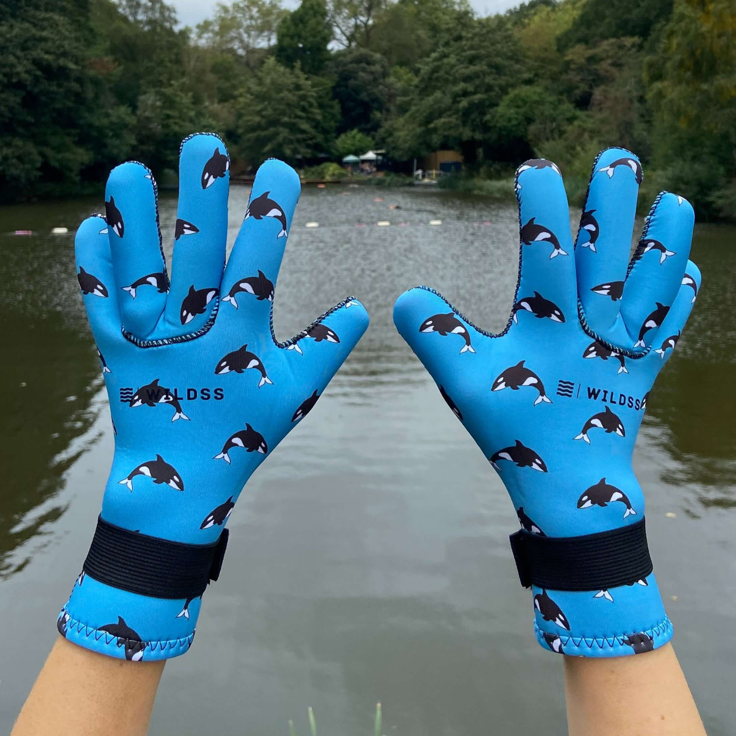 Blue neoprene gloves with whale pattern held up in front of a body of water with trees.