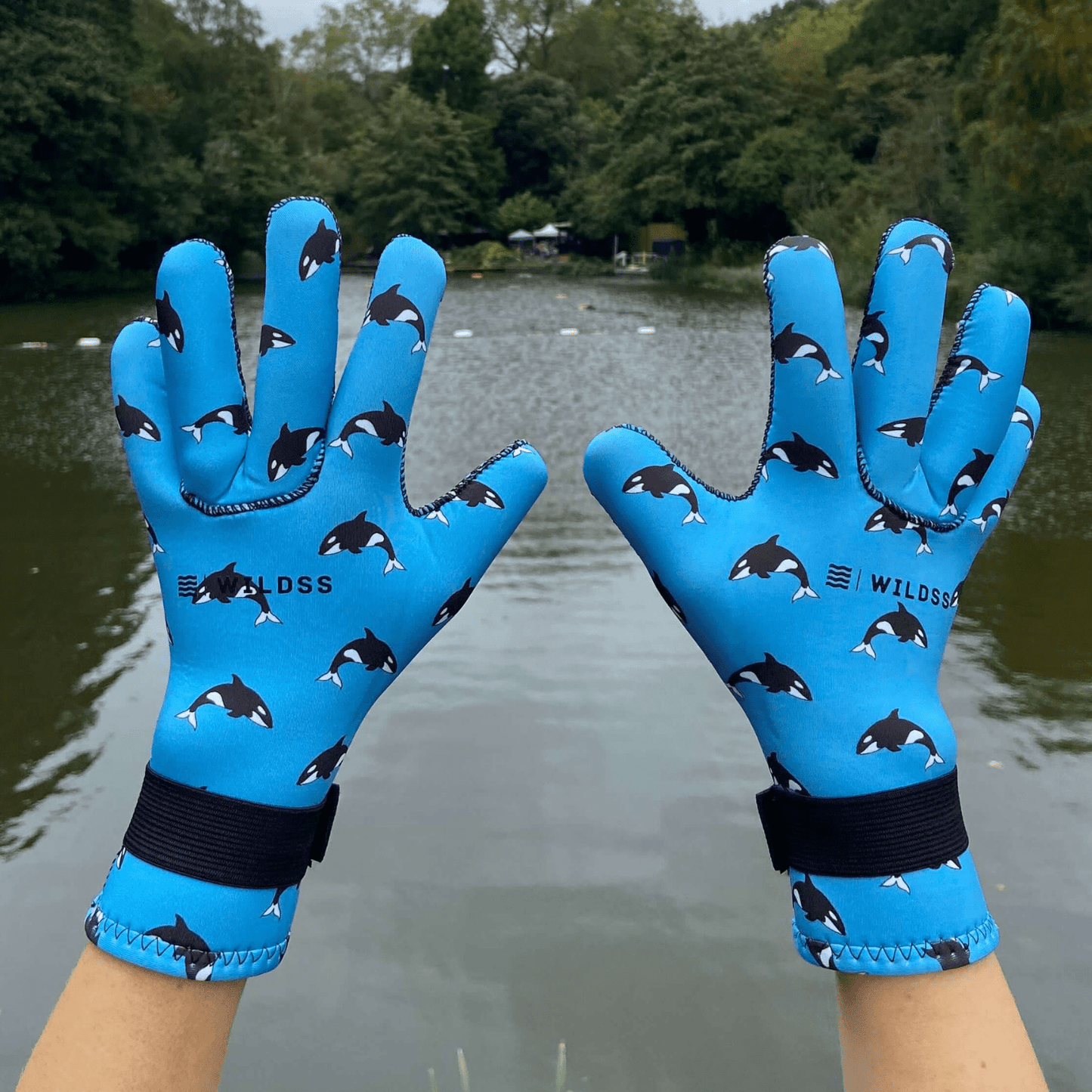 Blue neoprene gloves with whale pattern held up in front of a body of water with trees.