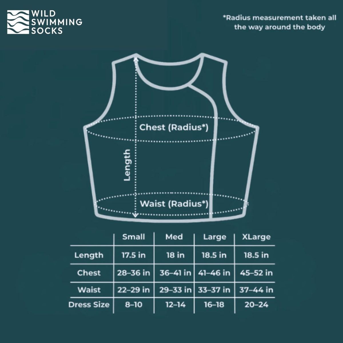 Measurement guide for wild swimming socks. Size small dress size 8 to 10. Size Medium dress size 12 to 14. Size large dress size 16 to 18. Size xlarge dress size 20 to 24.