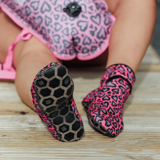 Pink and black patterned neoprene shoes