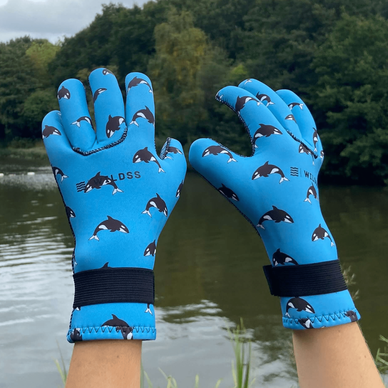 Blue neoprene gloves with whale pattern held up in front of a natural background