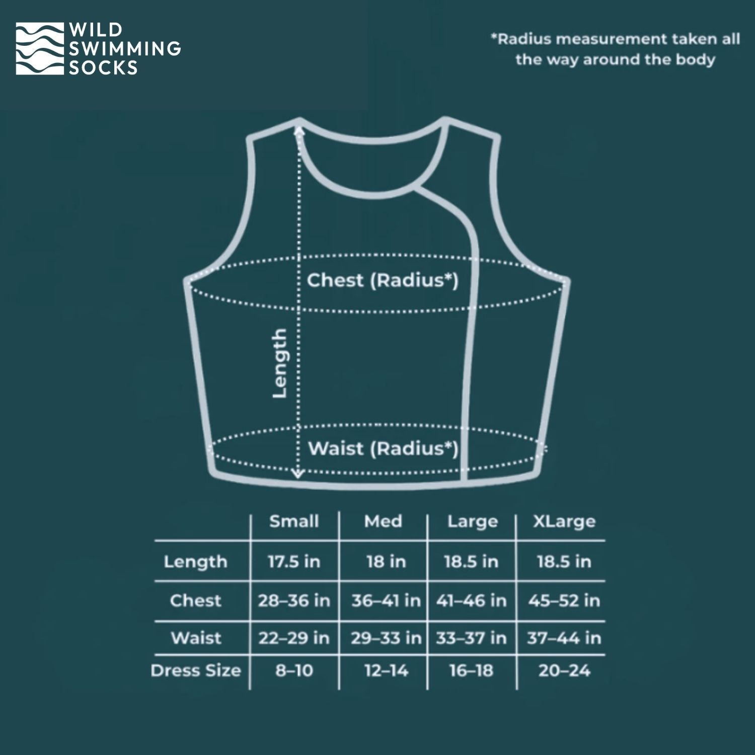 Measurement guide for wild swimming socks. Size small dress size 8 to 10. Size Medium dress size 12 to 14. Size large dress size 16 to 18. Size xlarge dress size 20 to 24.