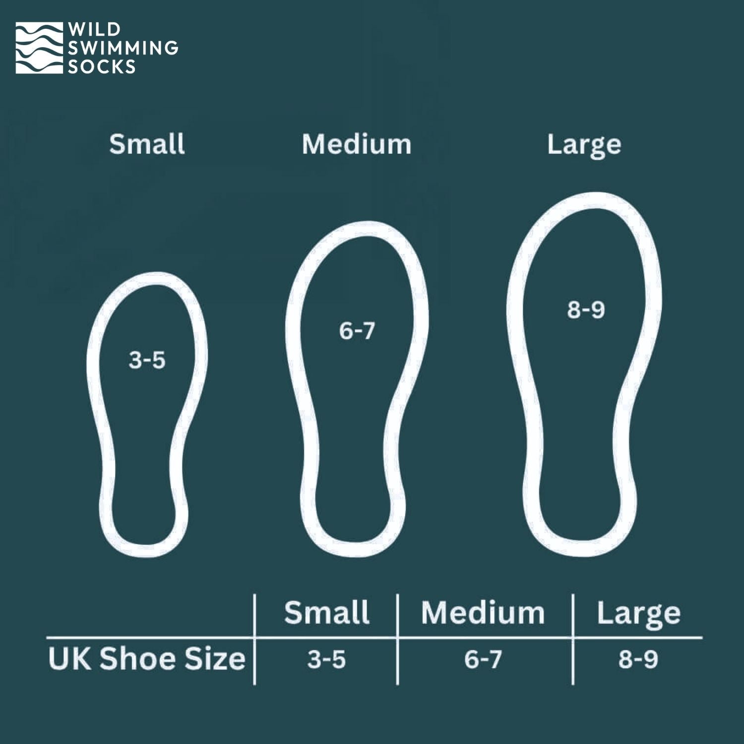 Measurement guide for wild swimming socks. Size small UK shoe size 3 to 5. Size medium UK shoe size 6 to 7. Size large UK shoe size 8 to 9. 