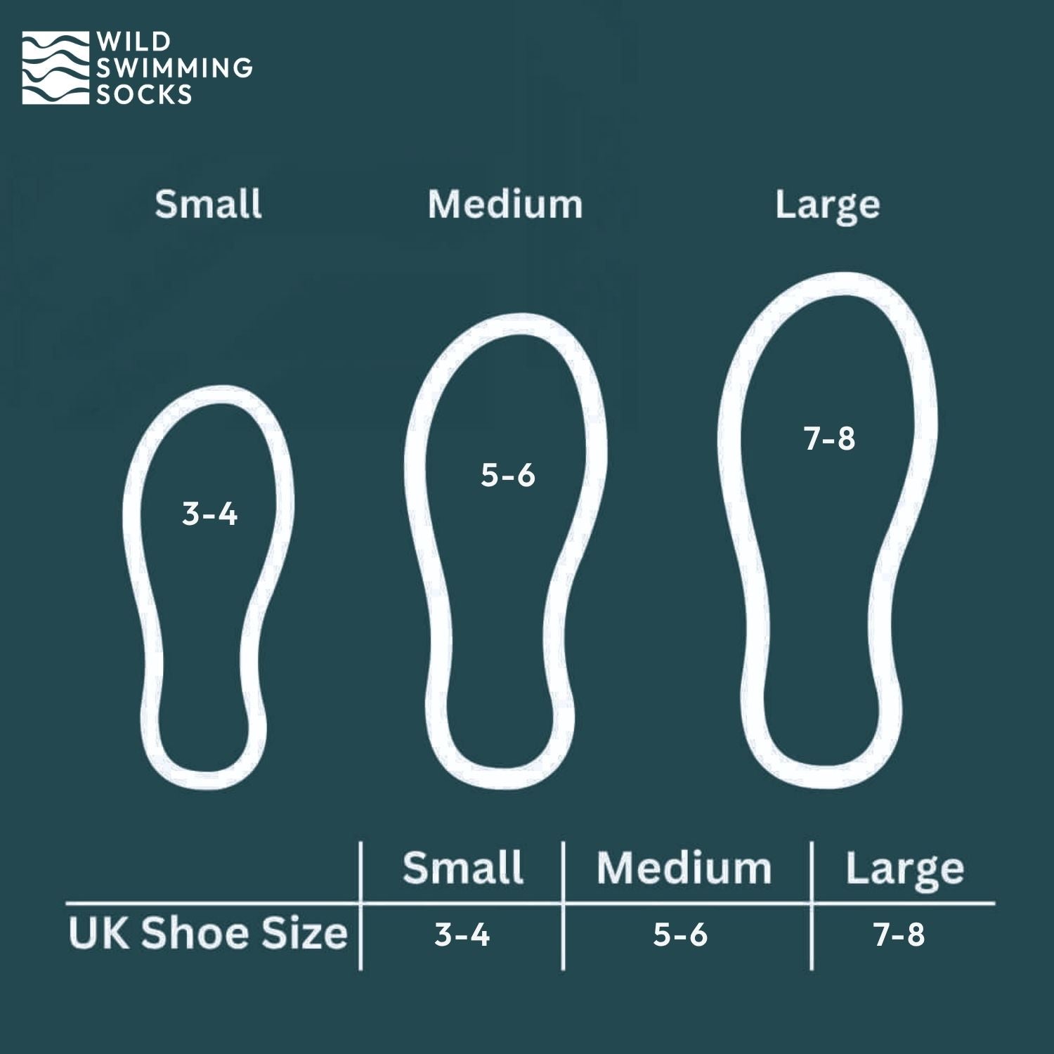 Size chart for beach shoes and UK shoe size labels. Size small is UK shoe size 3 to 4. Size medium is UK shoe size 5 to 6. Size large is UK shoe size 7 to 8.