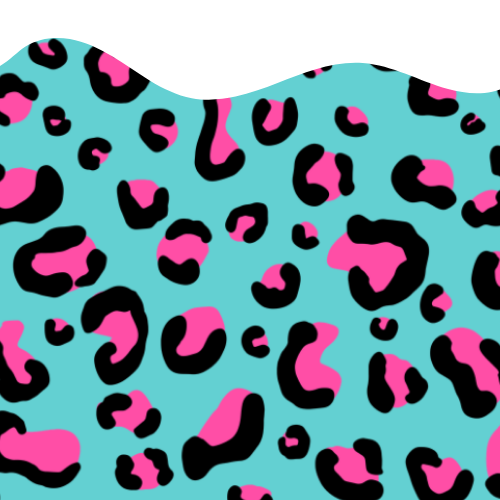 Leopard print pattern with pink and black spots on a turquoise background