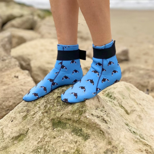 Blue neoprene swimming boots with orca print