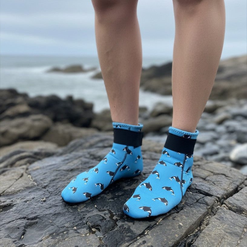 Person wearing blue neoprene swimming socks with black orca print, standing on a sandy beach